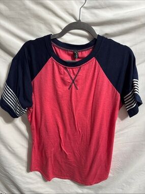 Pink and Navy Raglan Short Sleeve Tee with Striped Cuffs
